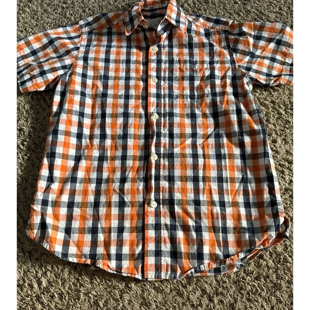 Place Boys White Orange Navy Blue Plaid Short Sleeve Button Down Size 7/8
